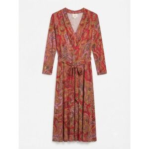 Maeve Anthropologie Pink Paisley Midi Dress XL Long Sleeve V-Neck Belted - IW